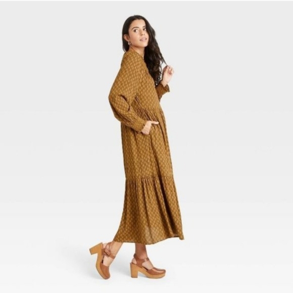 Universal Thread Warm Golden Brown Smocked Balloon Sleeve Tiered Midi Maxi Dress - Picture 3 of 10